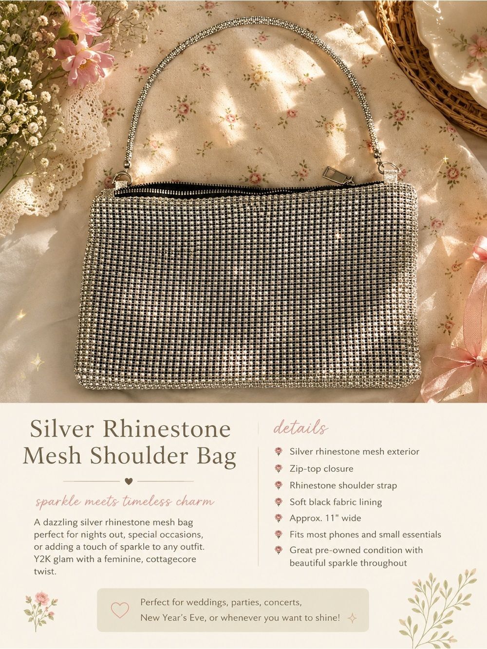 Silver Rhinestone Mesh Clutch Shoulder Bag